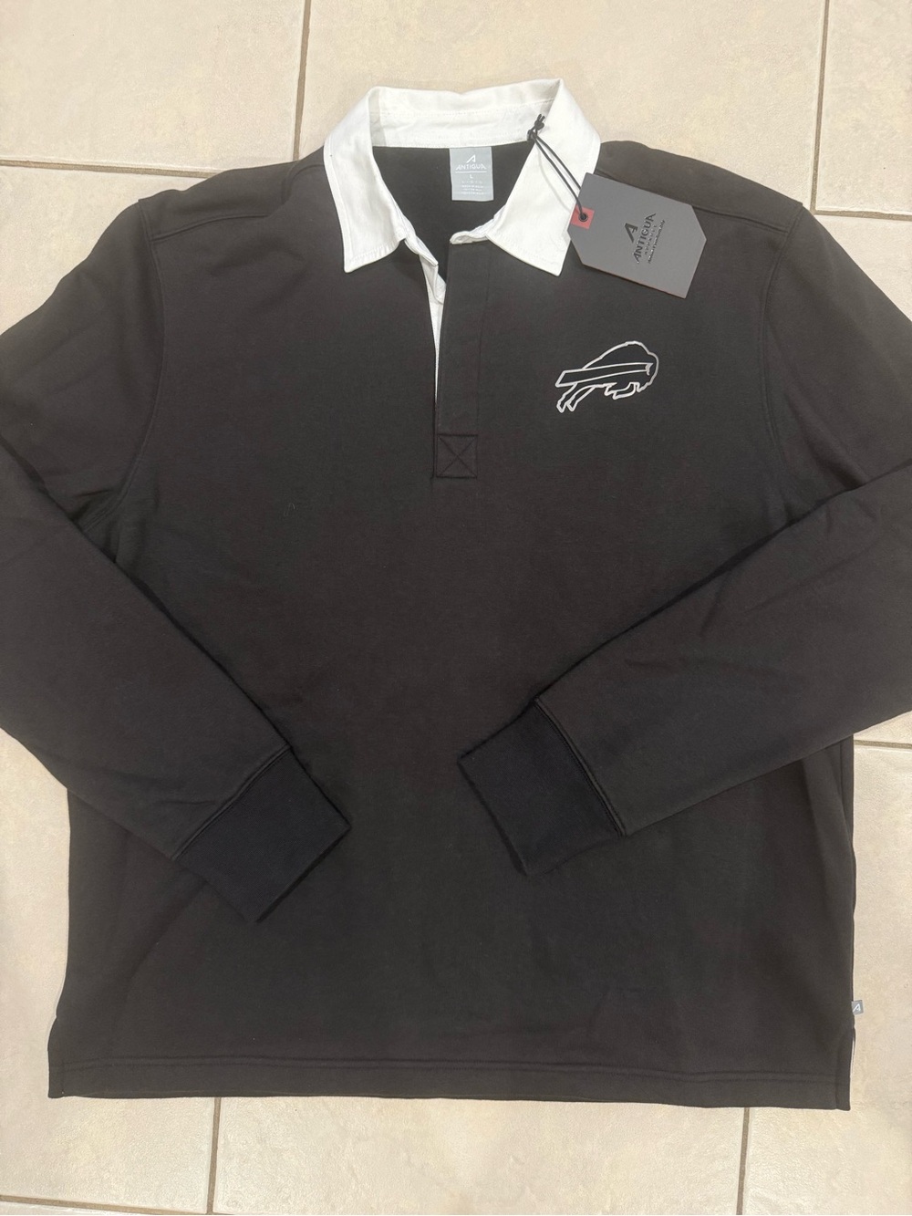 Antigua Black Long-Sleeve Rugby Shirt with White Collar